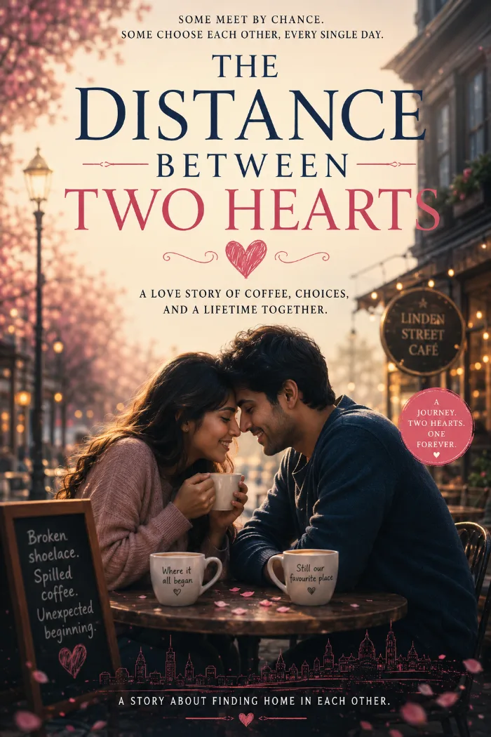 Book cover for The Distance Between Two Hearts, featuring a young couple sharing coffee at a cozy café on a romantic city street at sunset, surrounded by warm lights, pink blossoms, and heart-shaped accents. The cover emphasizes their journey from an unexpected meeting to a lifelong love.