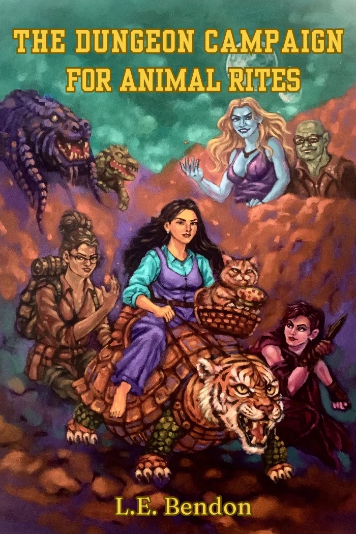 Several of the main characters, including Melisma and her cat riding a tortoise-tiger hybrid making their way up mountain while the villain and her henchman watches them from above.